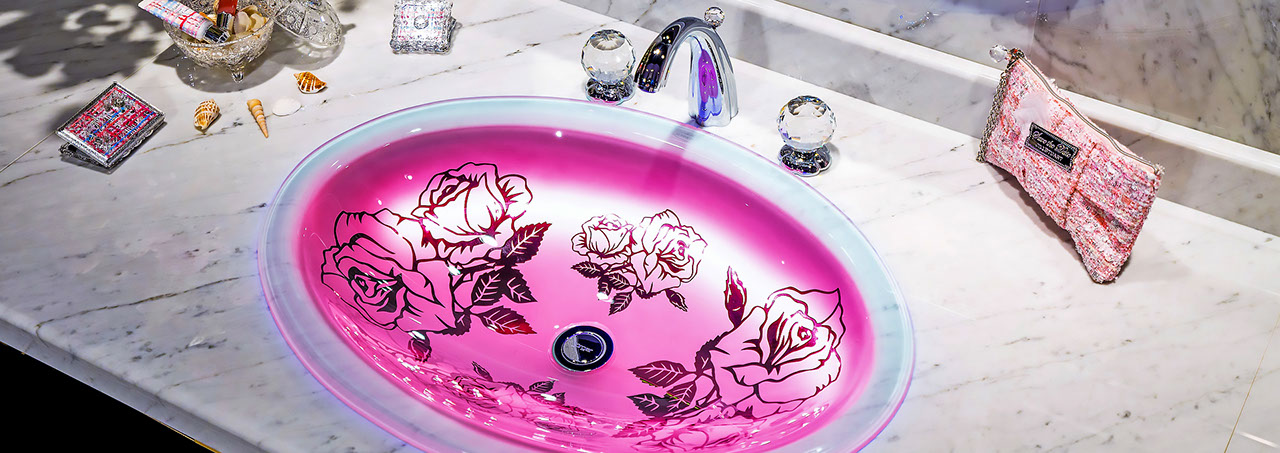 スラヴィアクリスタル：ロザンナ：高級洗面ボウル：高級洗面器：手洗い器：おしゃれ：美しい：ピンク：バラ：